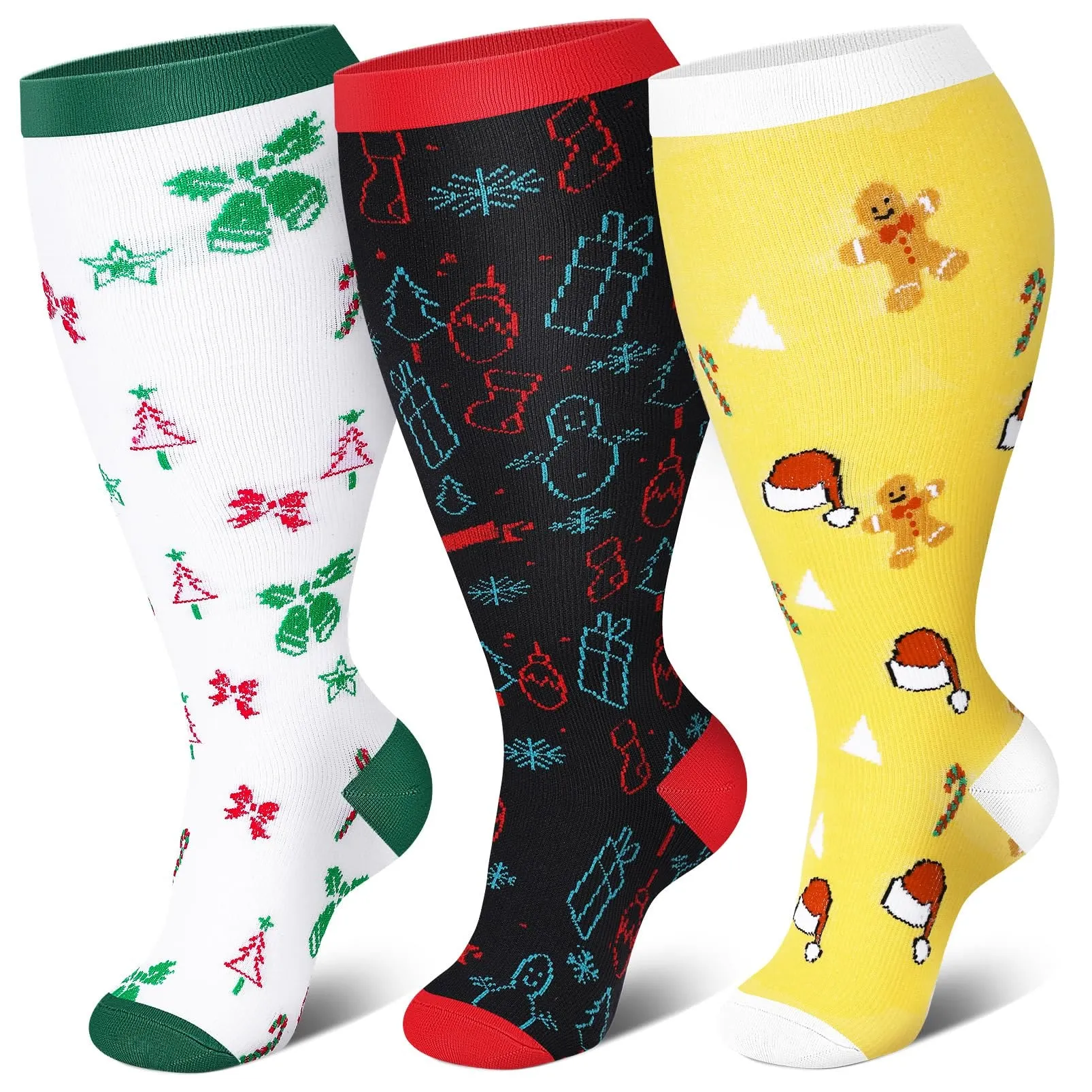 Plus Size Bell Gingerbread Man Compression Socks(3 Pairs)