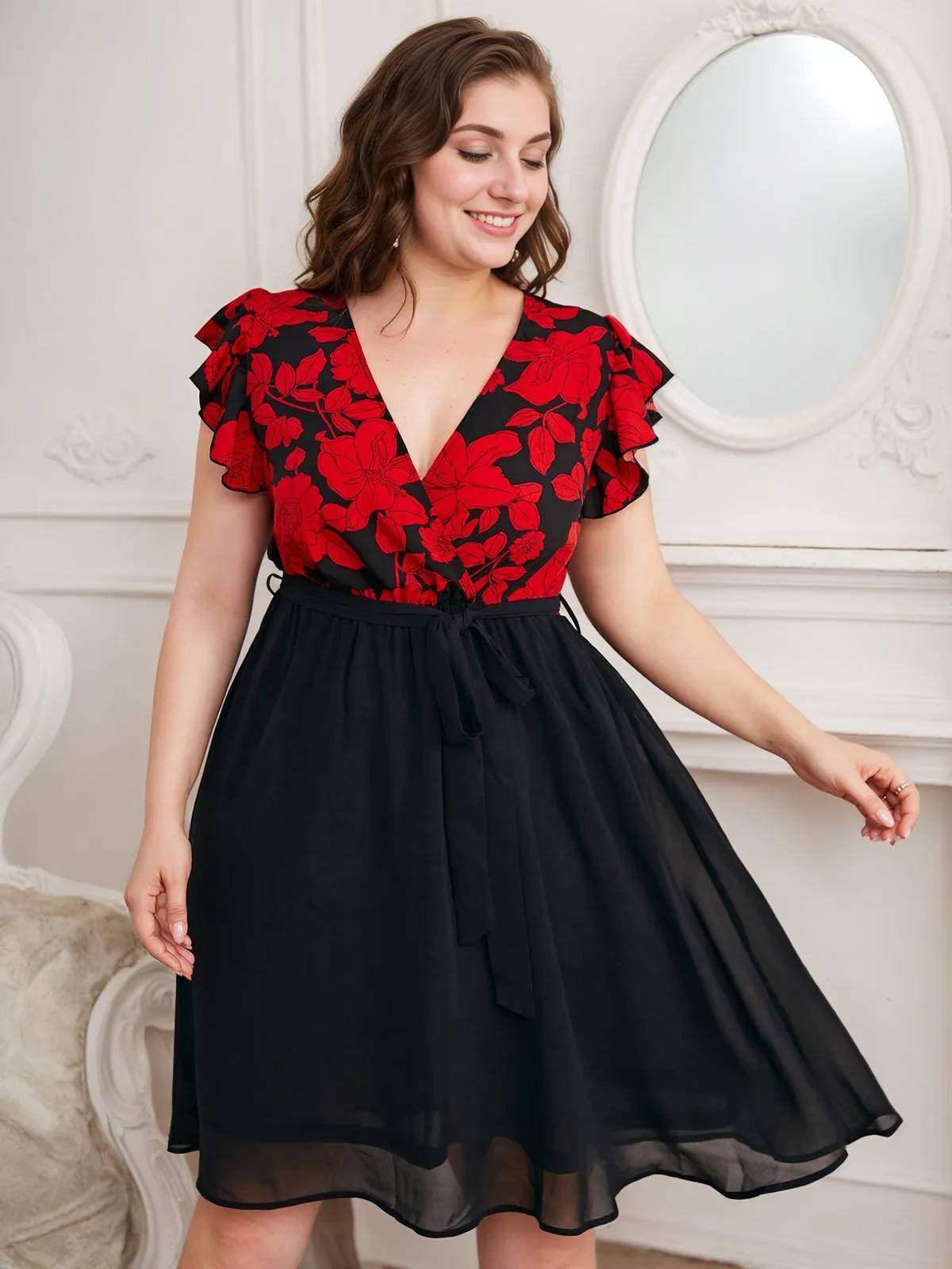 [Plus Size] Black 1950s Red Floral Ruffle Sleeved Dress