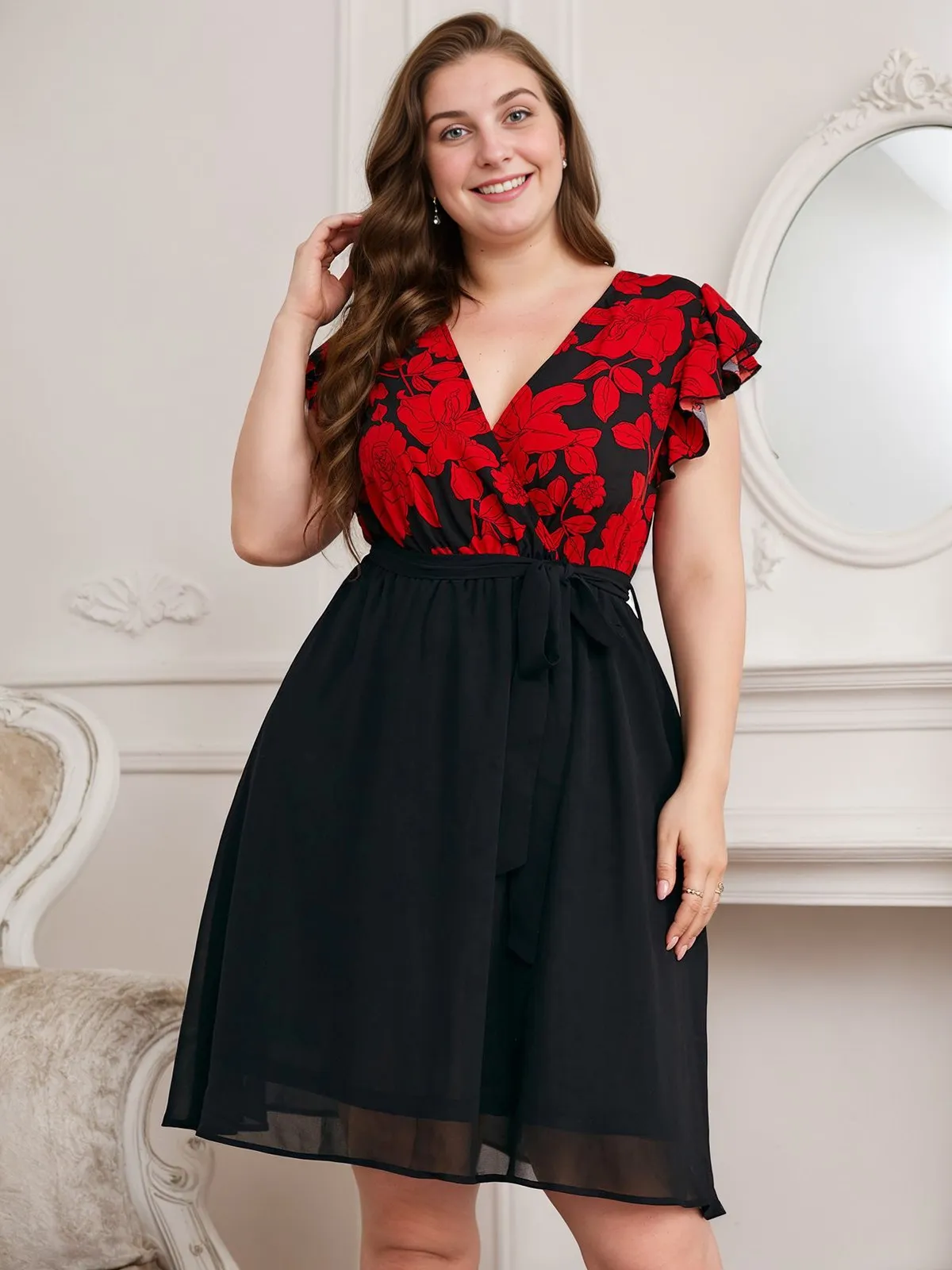 [Plus Size] Black 1950s Red Floral Ruffle Sleeved Dress