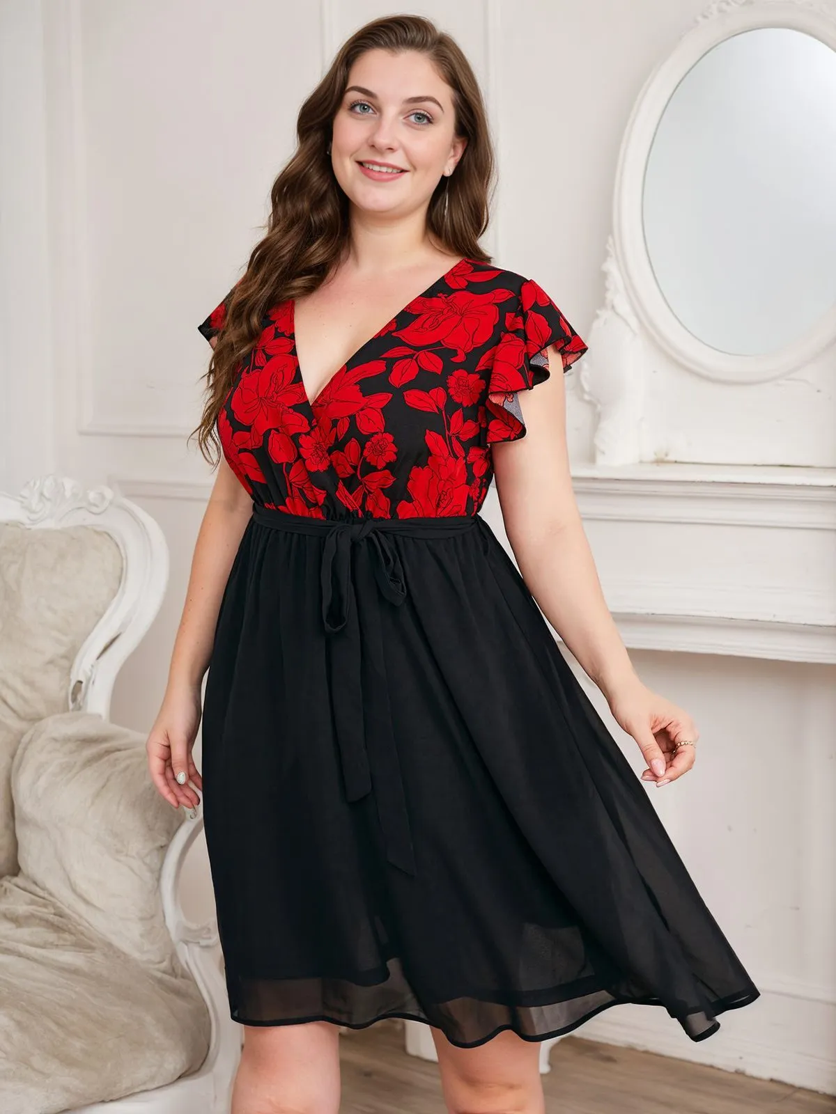 [Plus Size] Black 1950s Red Floral Ruffle Sleeved Dress
