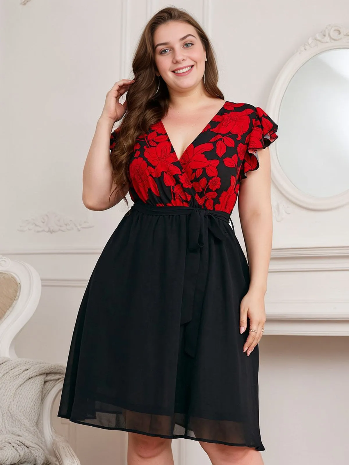 [Plus Size] Black 1950s Red Floral Ruffle Sleeved Dress