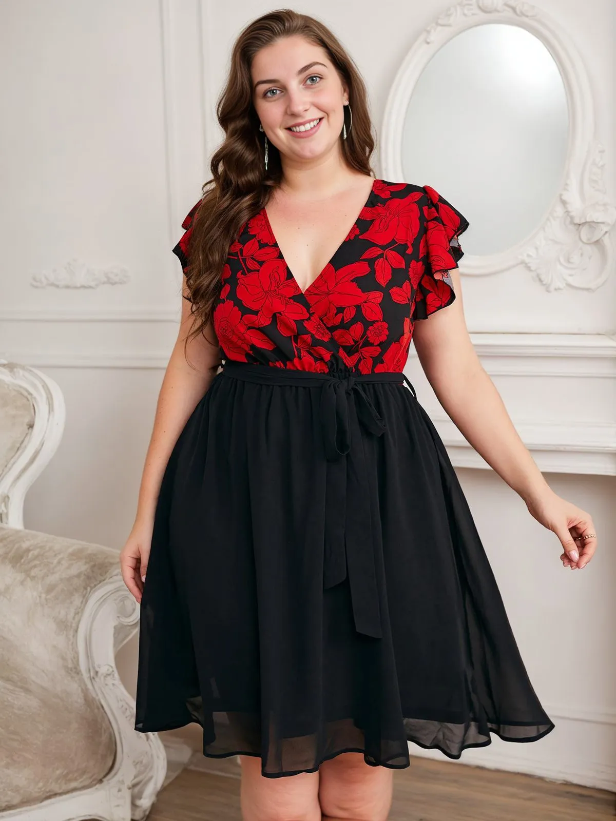 [Plus Size] Black 1950s Red Floral Ruffle Sleeved Dress
