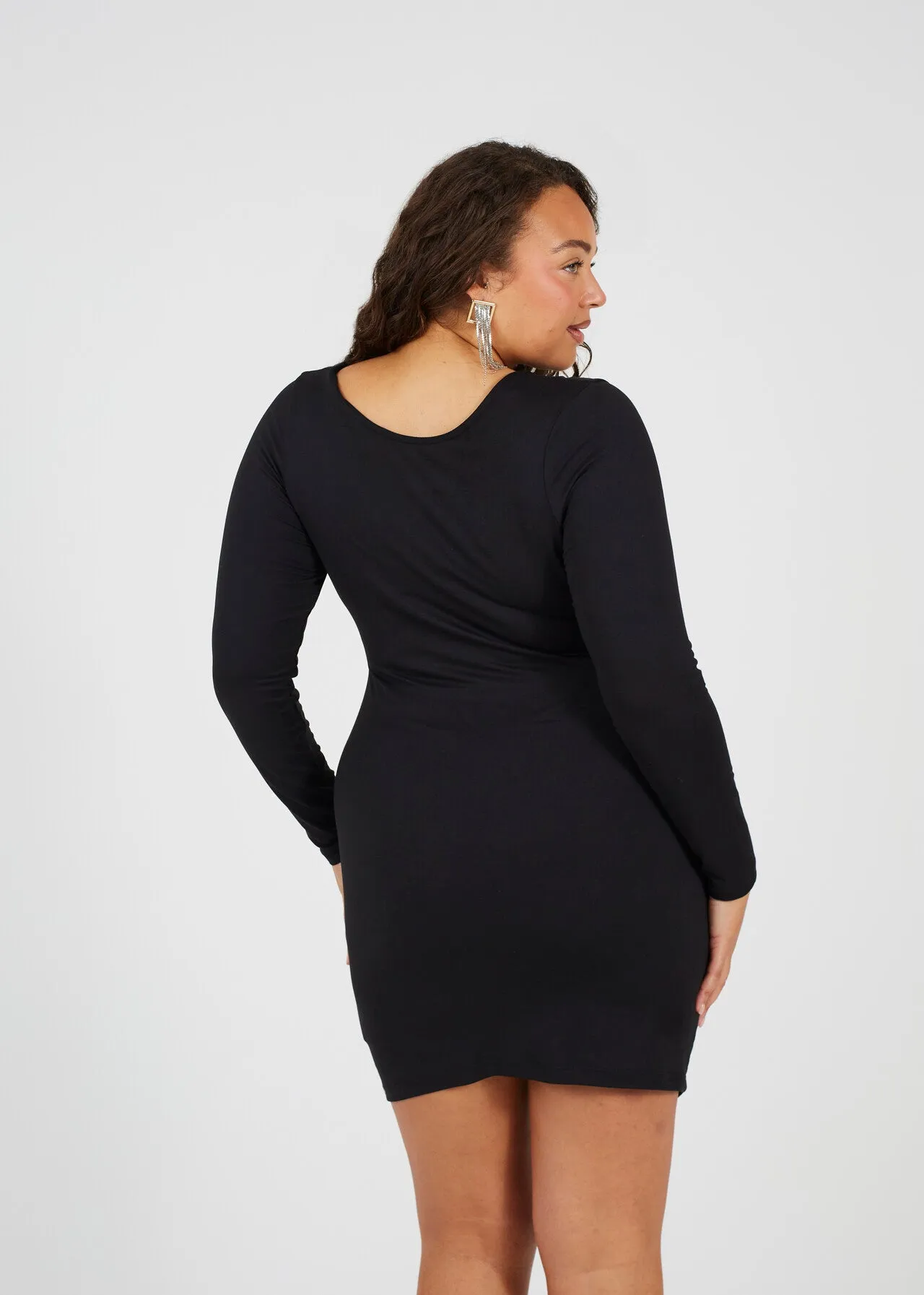 PLUS SIZE BLACK RUCHED LONG SLEEVE V-NECK DRESS