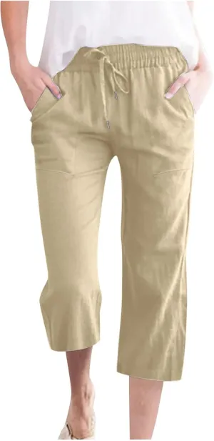 Plus Size Capris for Women Drawstring Elastic Waist Pants Straight Leg Linen Trousers Cotton Capri Pants with Pockets