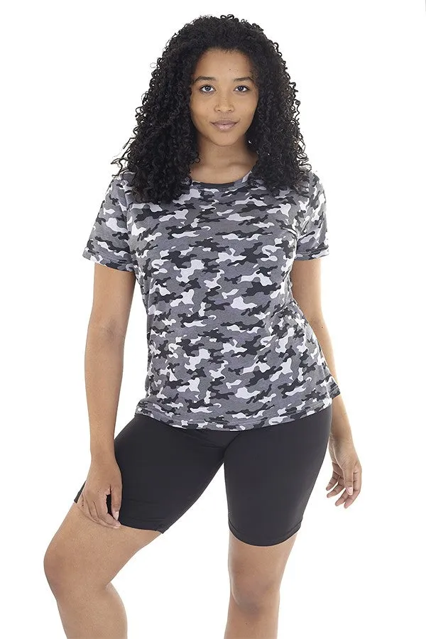 PLUS SIZE CHARCOAL CAMO PRINT CREW NECK T-SHIRT