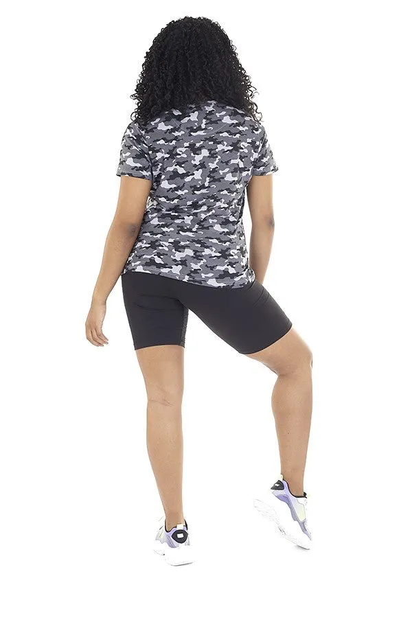 PLUS SIZE CHARCOAL CAMO PRINT CREW NECK T-SHIRT