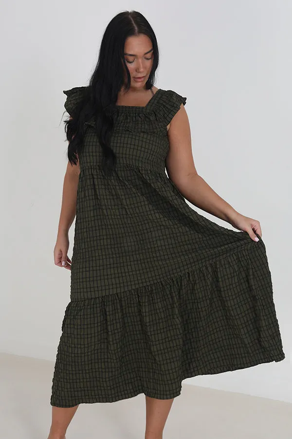 PLUS SIZE CHECKED TIE BACK FRILL MAXI DRESS