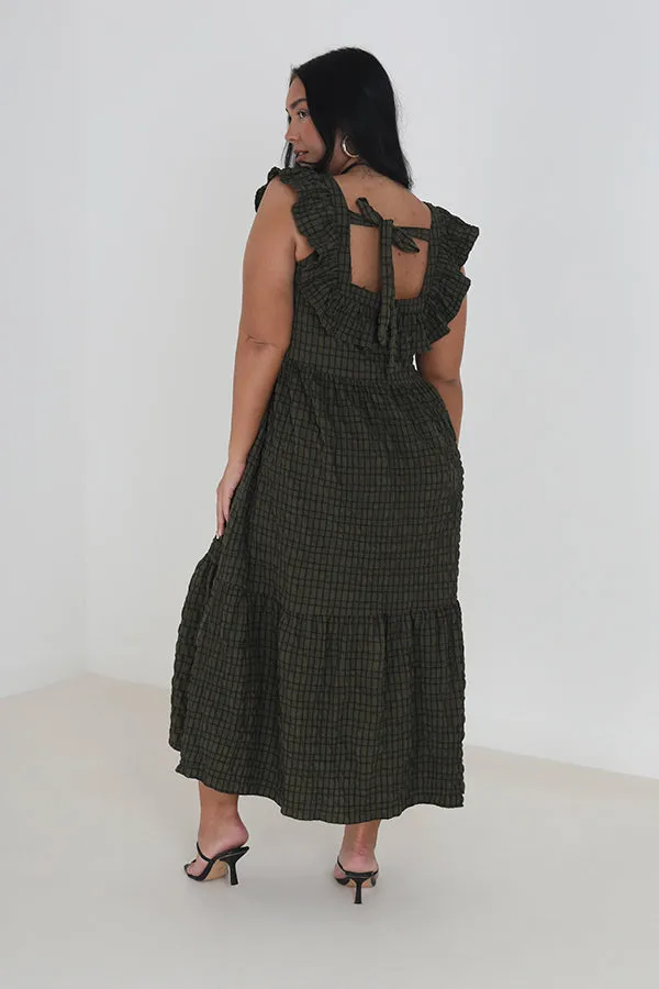 PLUS SIZE CHECKED TIE BACK FRILL MAXI DRESS