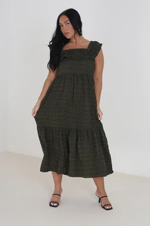 PLUS SIZE CHECKED TIE BACK FRILL MAXI DRESS