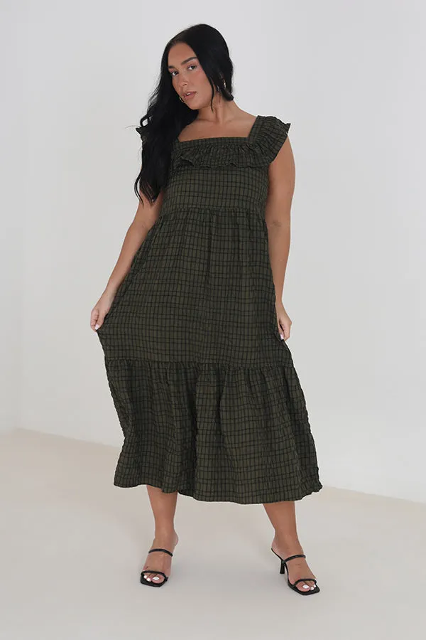 PLUS SIZE CHECKED TIE BACK FRILL MAXI DRESS