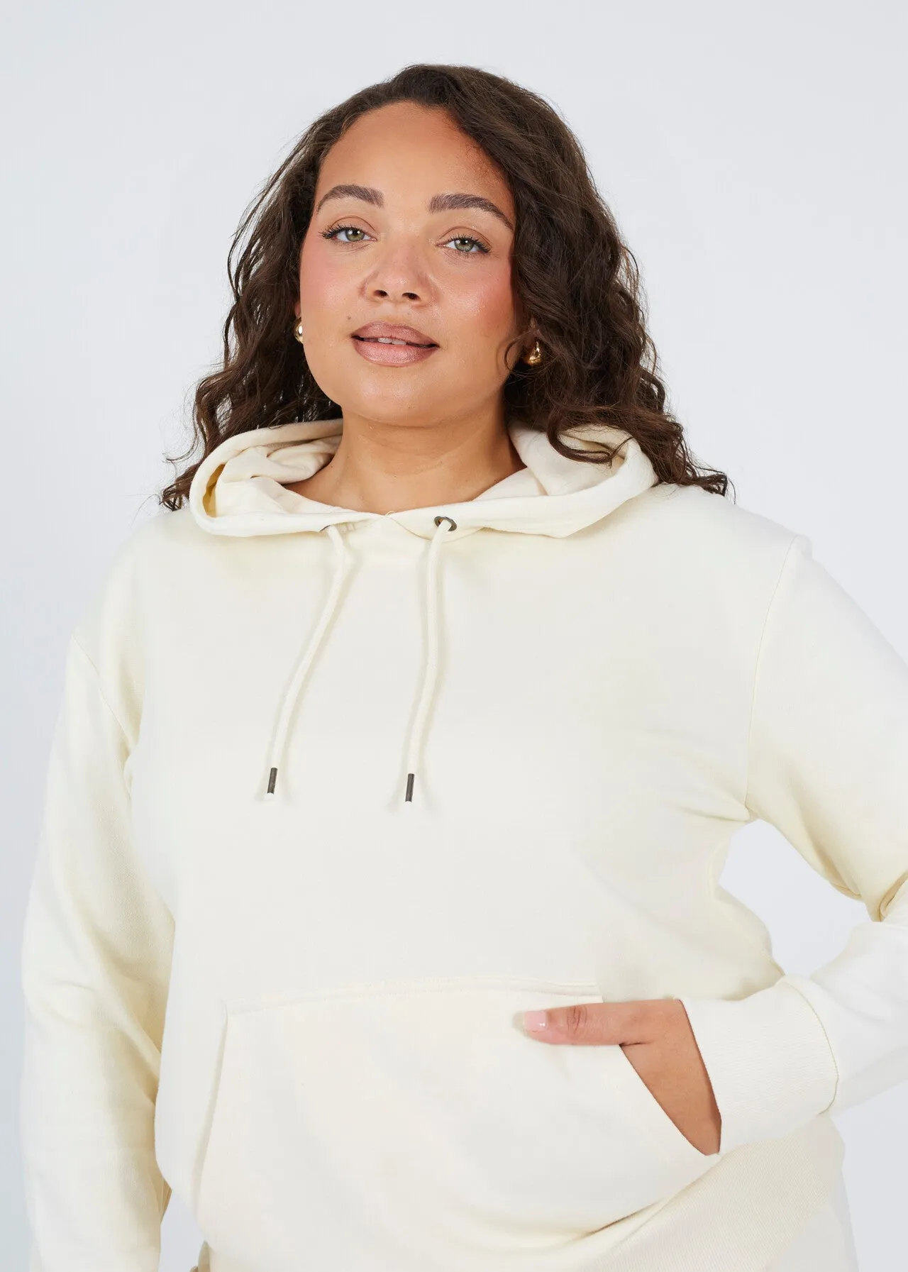 PLUS SIZE CREAM PLAIN DRAWSTRING HOODIE