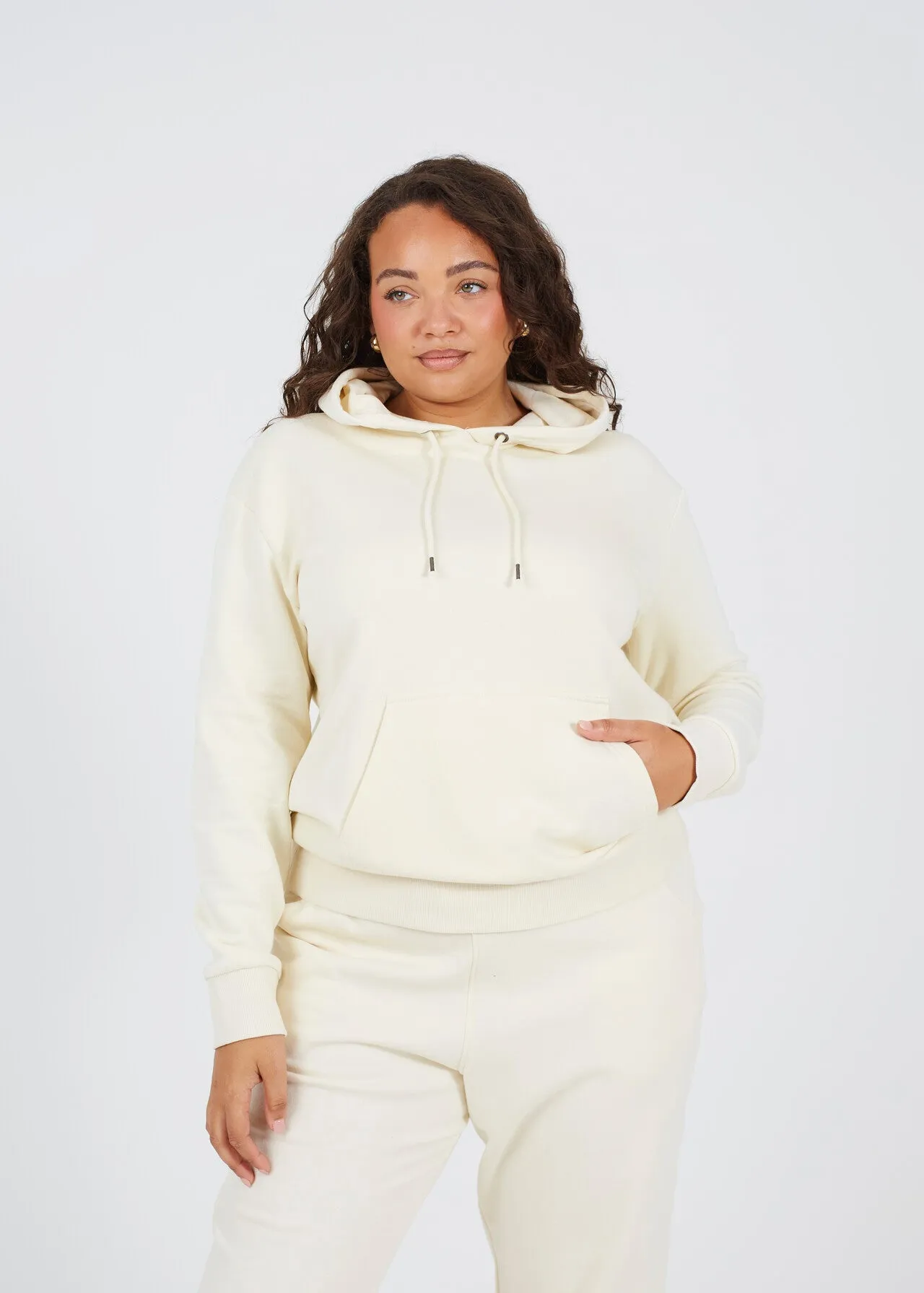 PLUS SIZE CREAM PLAIN DRAWSTRING HOODIE