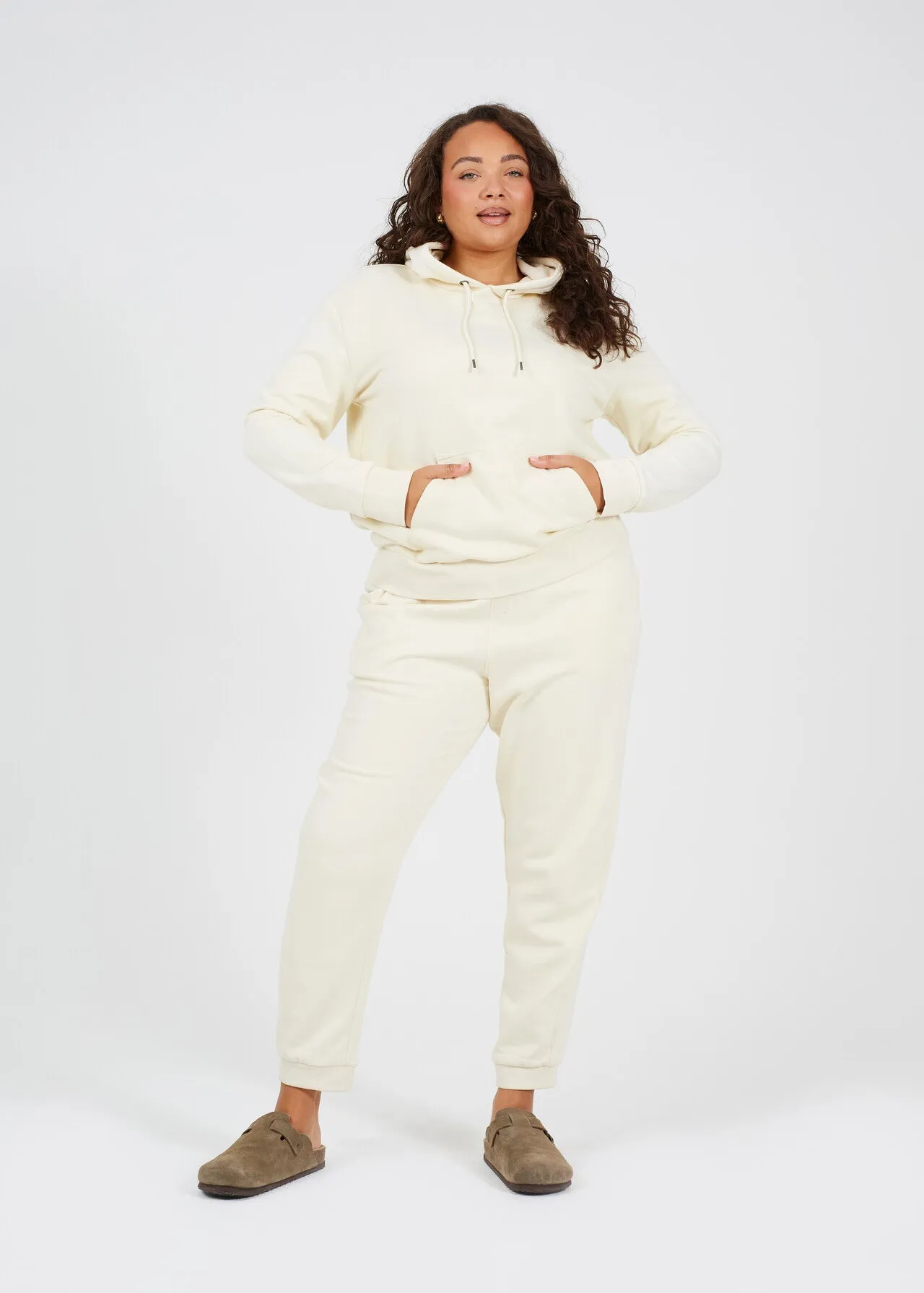 PLUS SIZE CREAM PLAIN DRAWSTRING HOODIE