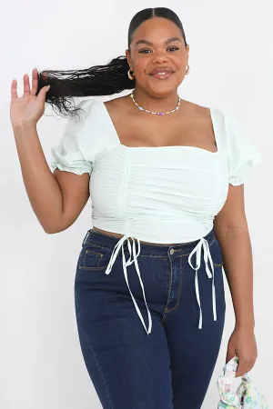 PLUS SIZE CROPPED RUCHED DETAIL PUFF SLEEVE TOP