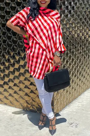 Plus Size Daily Grid Print Button  Blouses