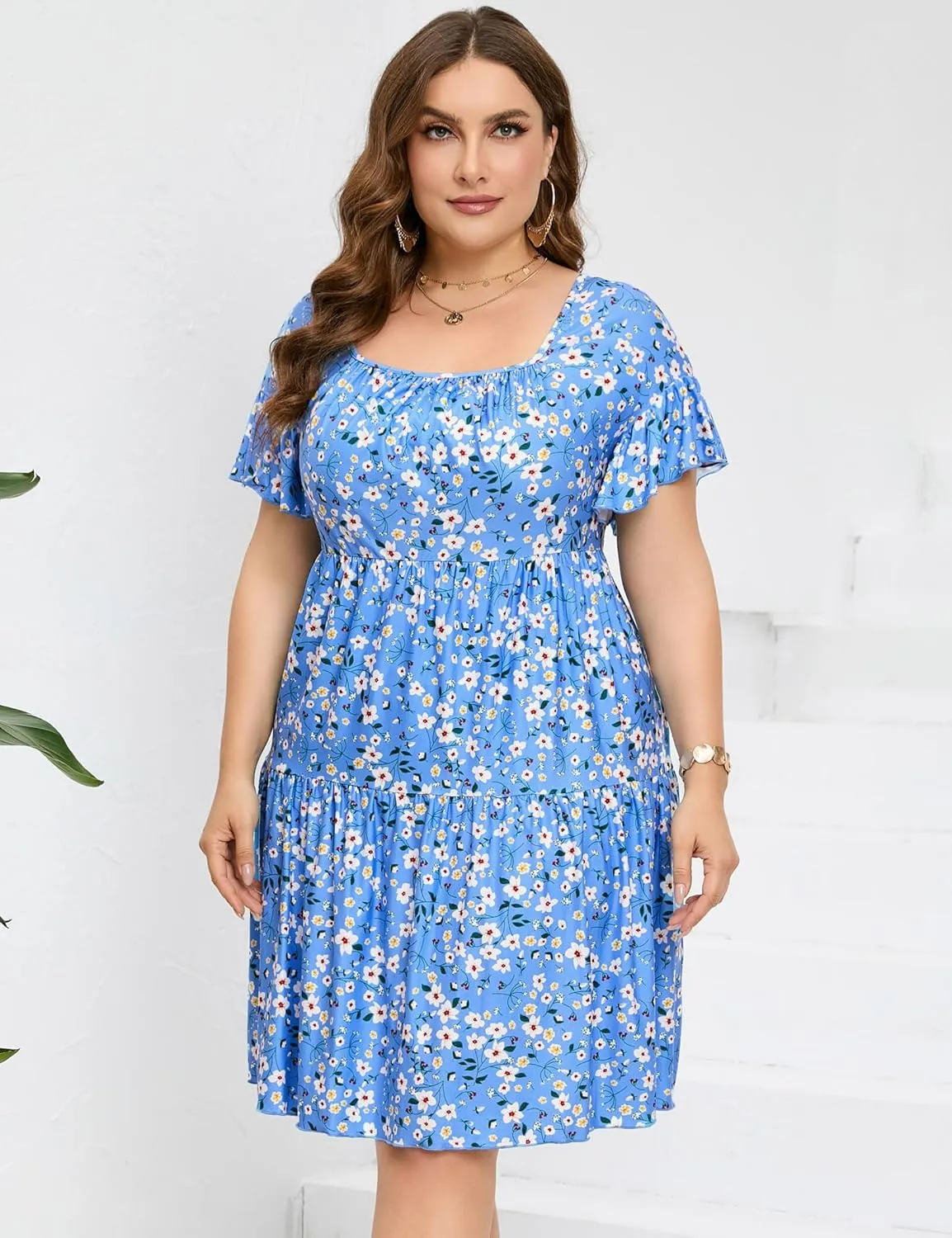 Plus Size Dress Women's Plus Size Floral V-Neck Dress Short Sleeve Knee Length A-line Mini Dresses