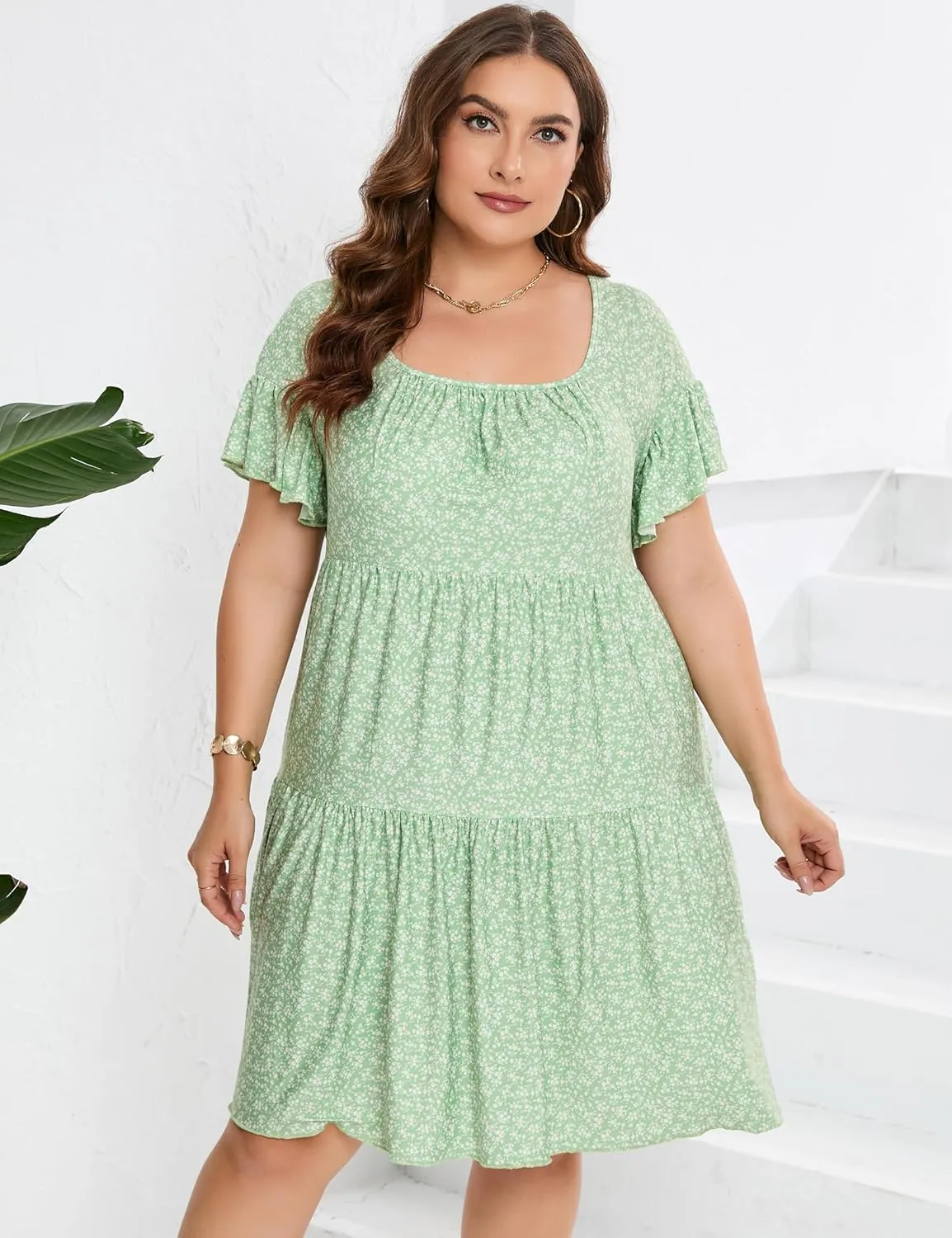 Plus Size Dress Women's Plus Size Floral V-Neck Dress Short Sleeve Knee Length A-line Mini Dresses
