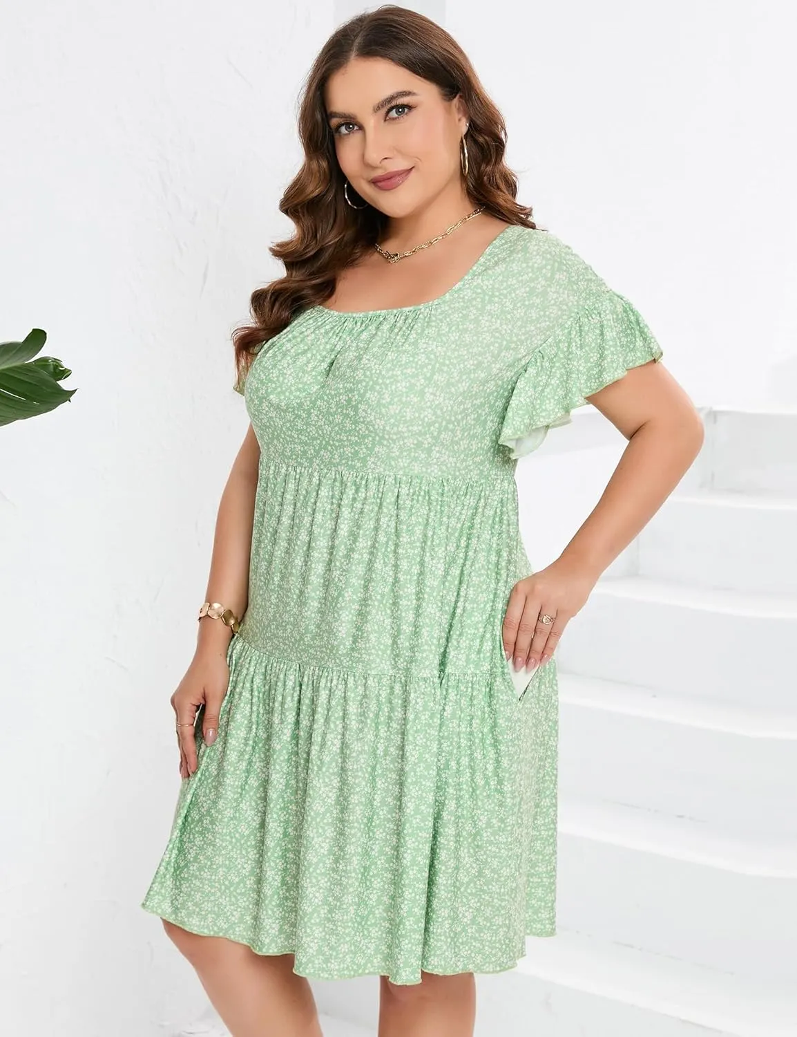 Plus Size Dress Women's Plus Size Floral V-Neck Dress Short Sleeve Knee Length A-line Mini Dresses