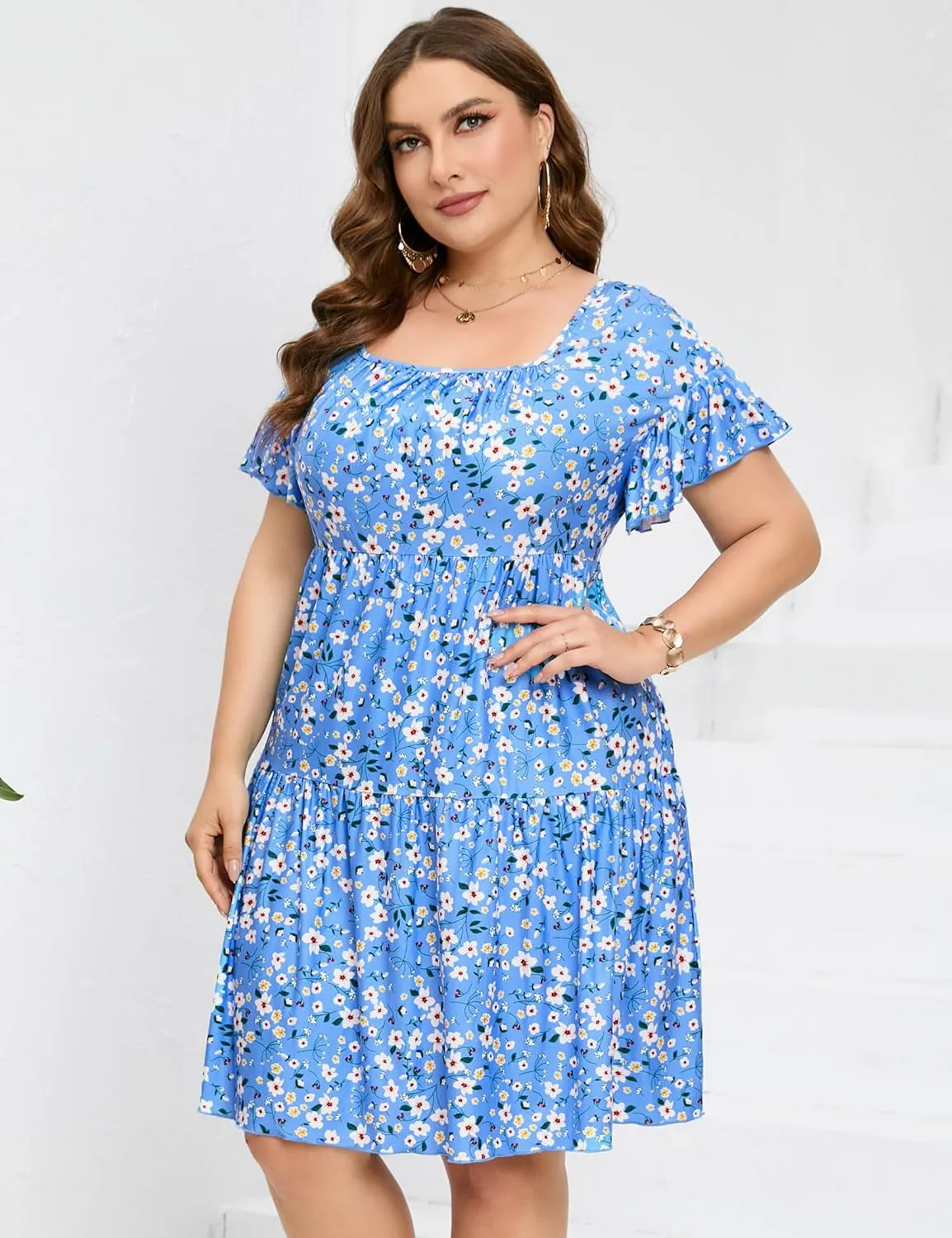 Plus Size Dress Women's Plus Size Floral V-Neck Dress Short Sleeve Knee Length A-line Mini Dresses