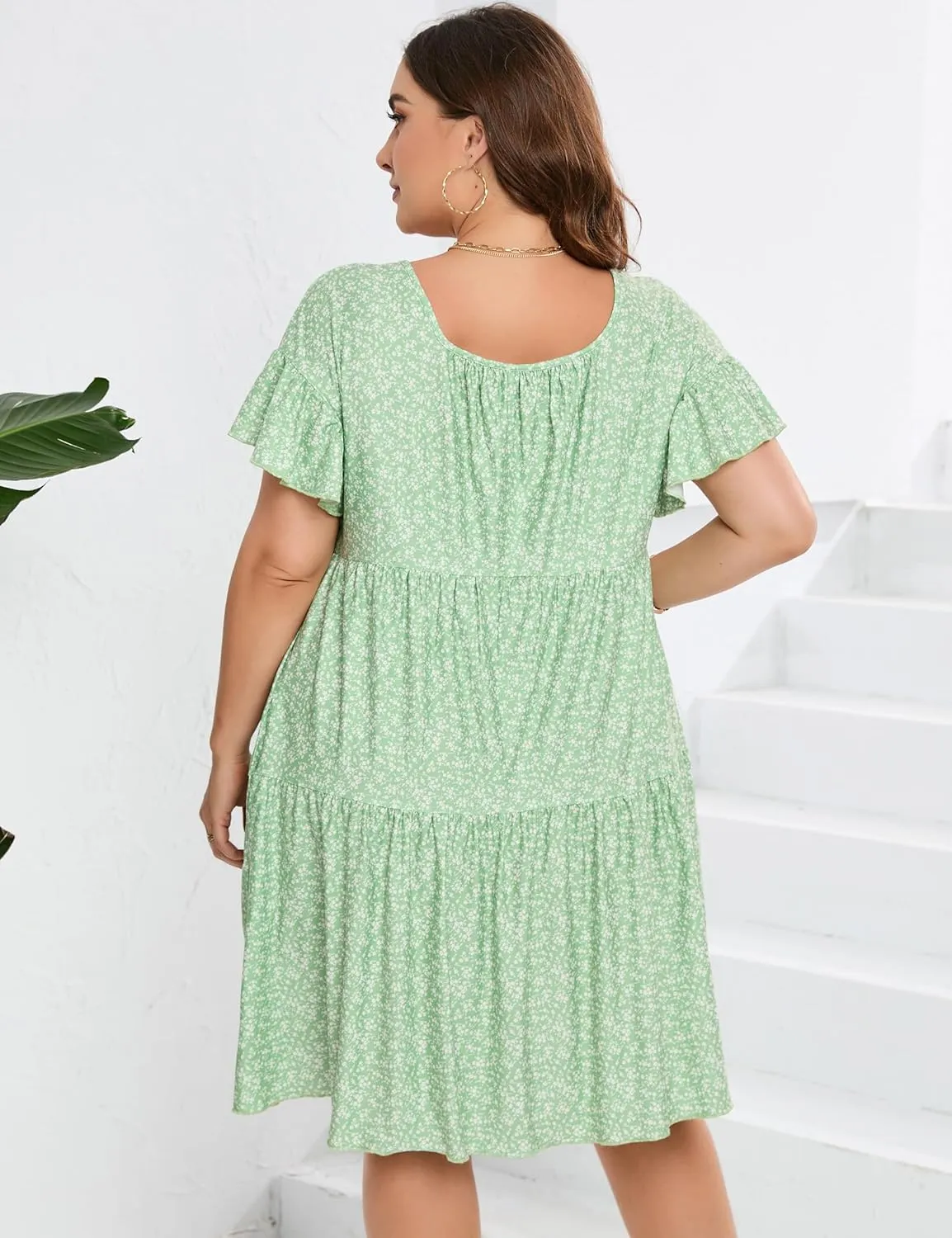 Plus Size Dress Women's Plus Size Floral V-Neck Dress Short Sleeve Knee Length A-line Mini Dresses