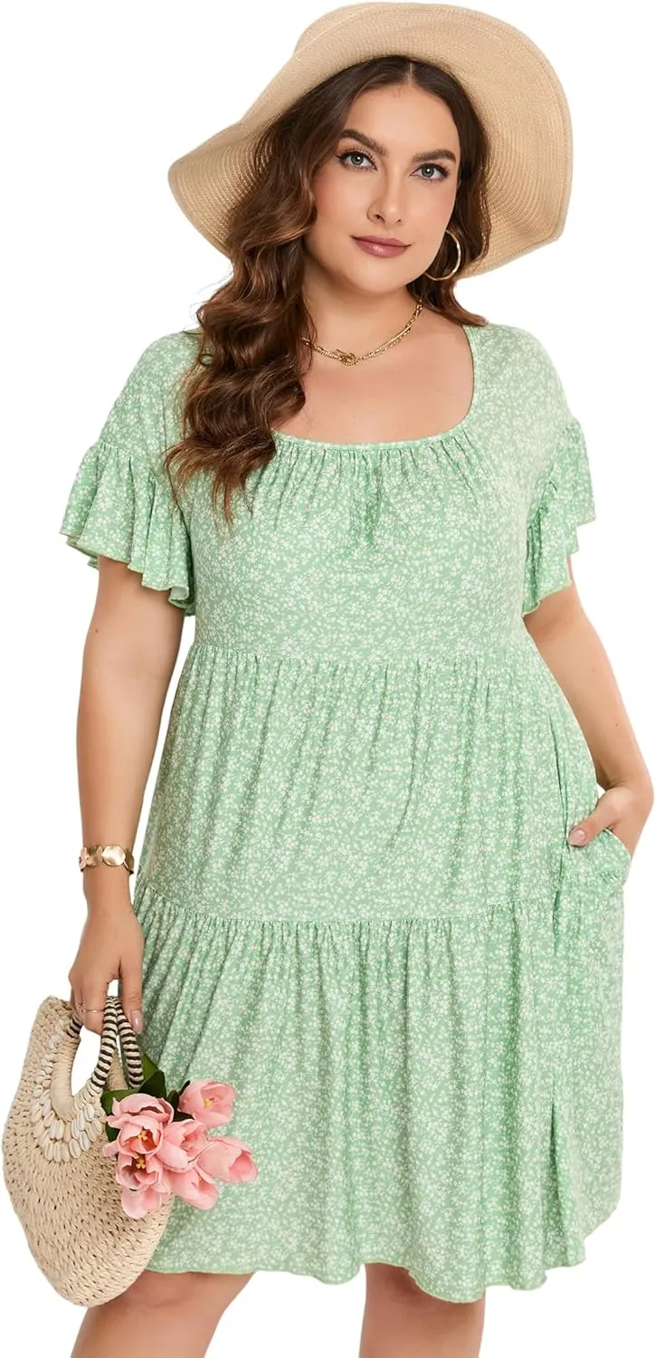 Plus Size Dress Women's Plus Size Floral V-Neck Dress Short Sleeve Knee Length A-line Mini Dresses