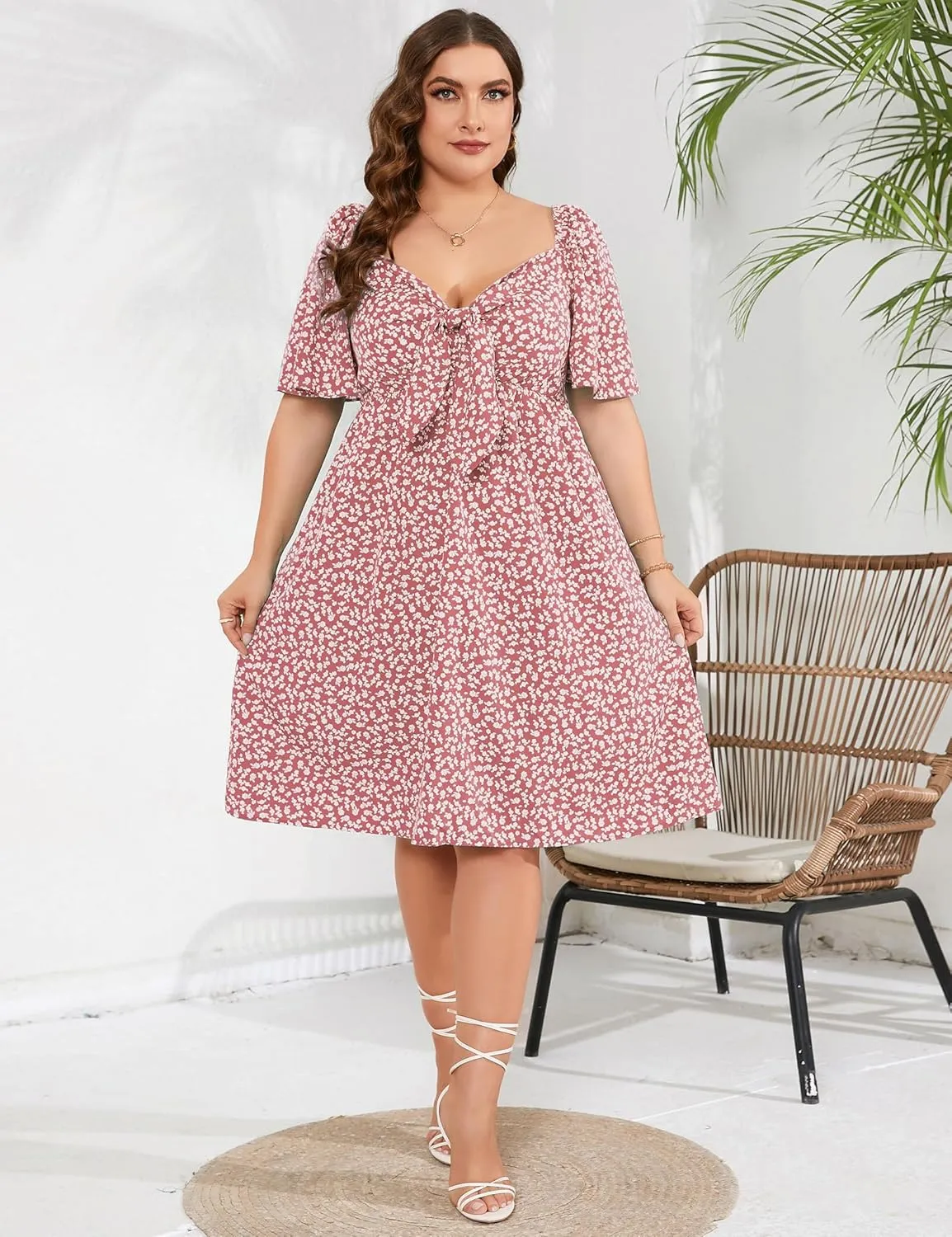 Plus Size Dress Women's V Neck Front Knotted Wrap A-Line Dress Plus Size Knee Length Midi Swing Dress for Curvy Women