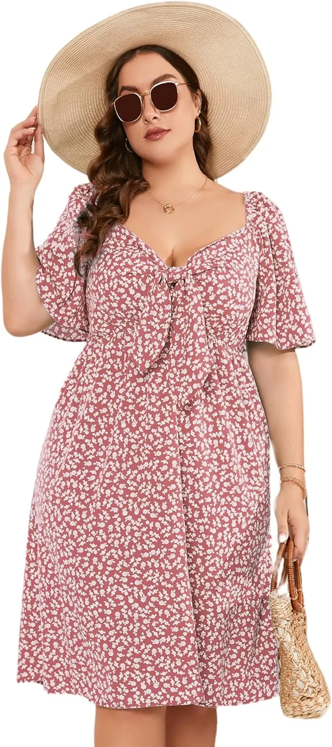 Plus Size Dress Women's V Neck Front Knotted Wrap A-Line Dress Plus Size Knee Length Midi Swing Dress for Curvy Women