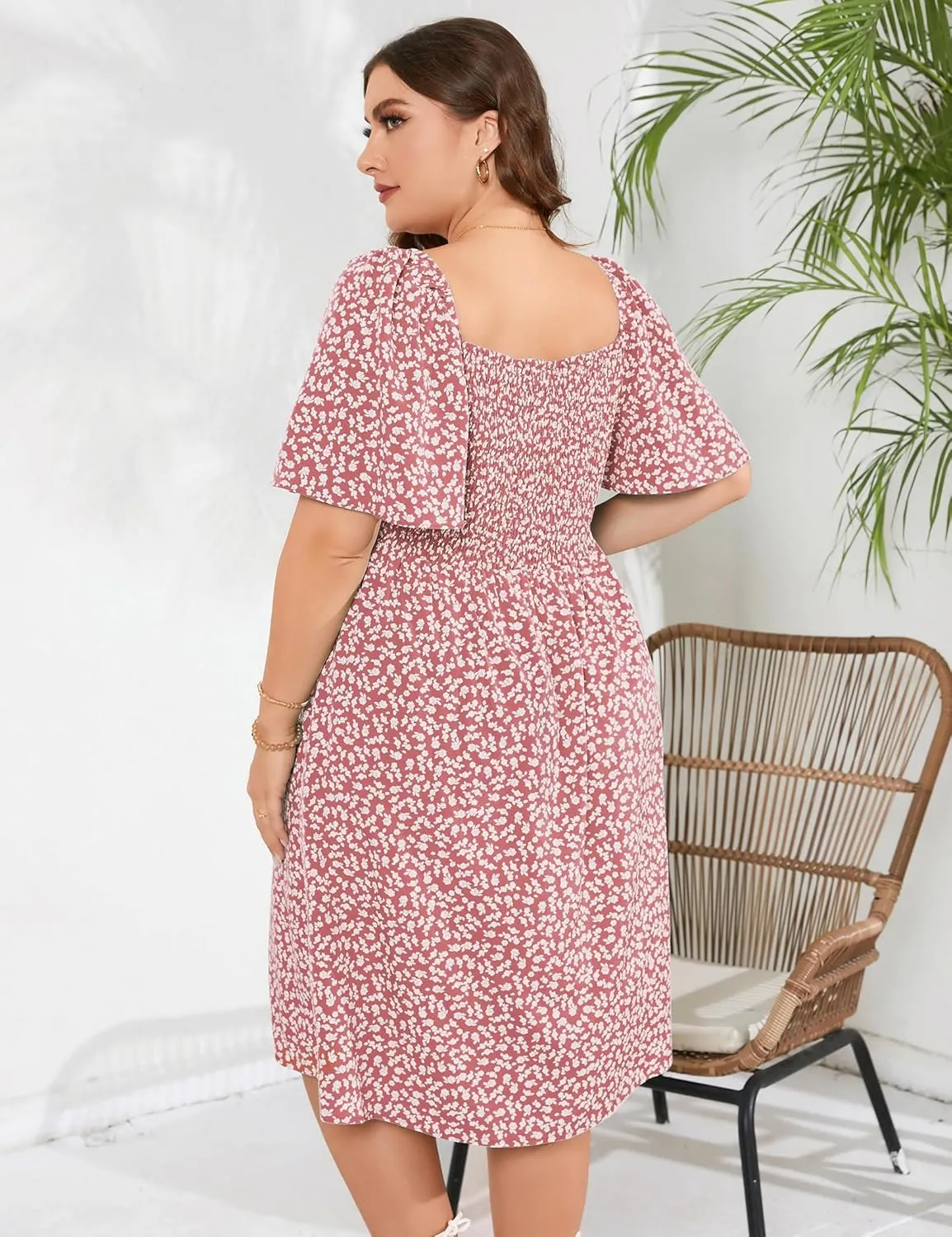 Plus Size Dress Women's V Neck Front Knotted Wrap A-Line Dress Plus Size Knee Length Midi Swing Dress for Curvy Women