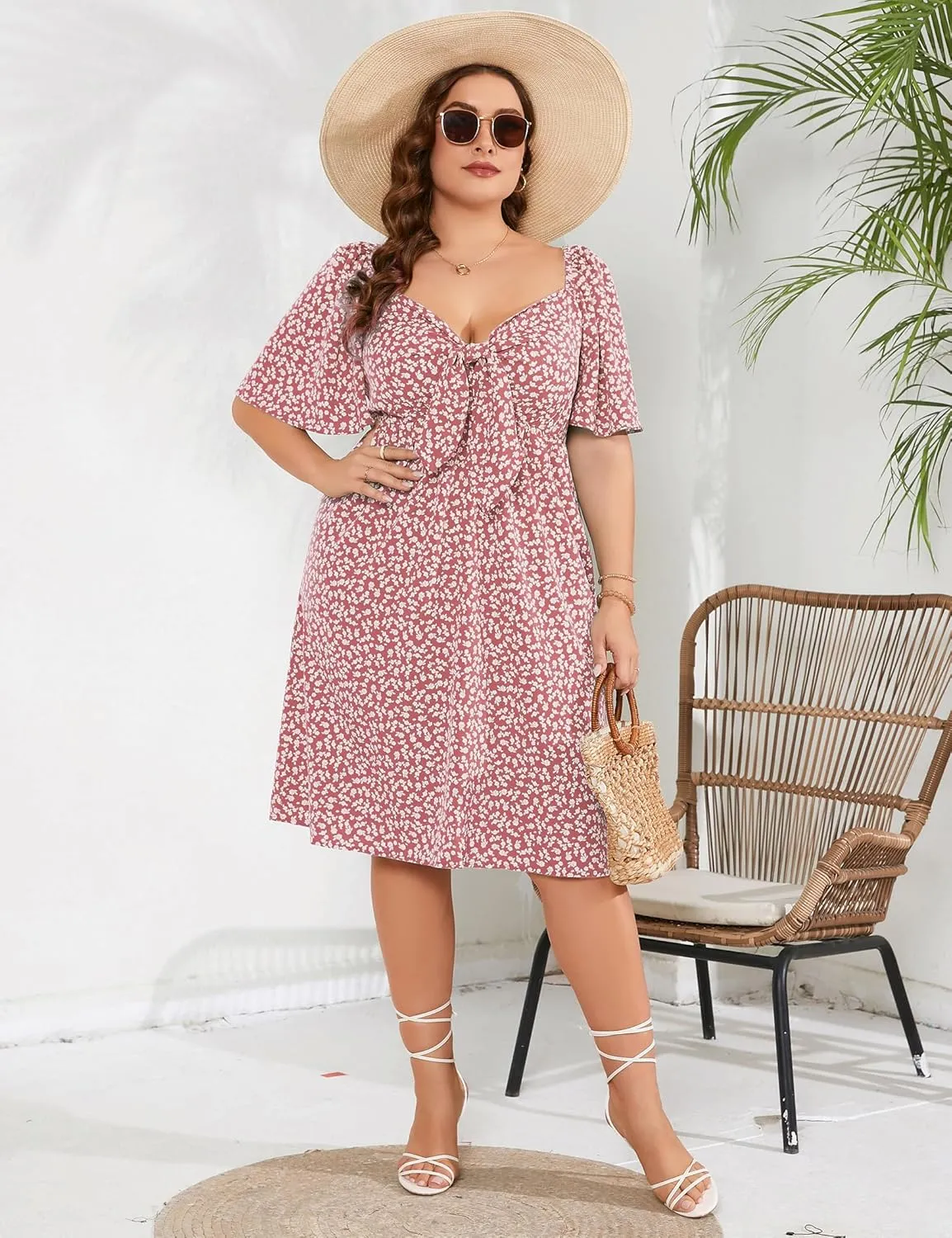 Plus Size Dress Women's V Neck Front Knotted Wrap A-Line Dress Plus Size Knee Length Midi Swing Dress for Curvy Women