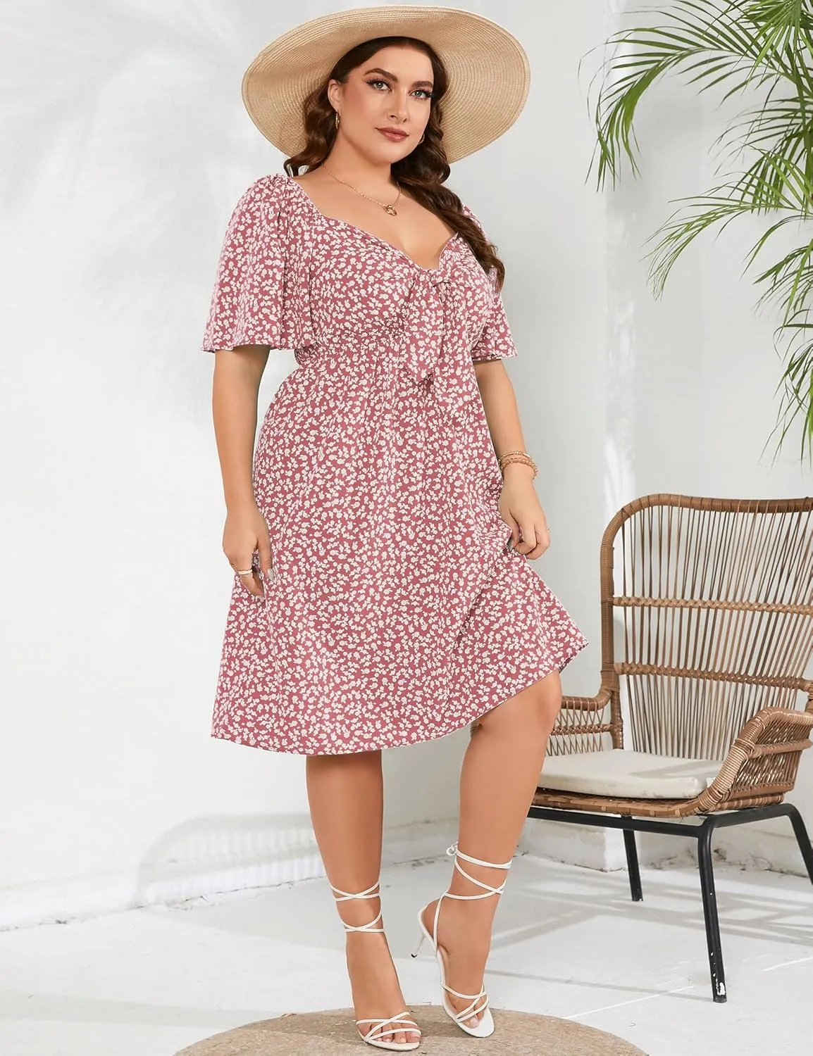Plus Size Dress Women's V Neck Front Knotted Wrap A-Line Dress Plus Size Knee Length Midi Swing Dress for Curvy Women