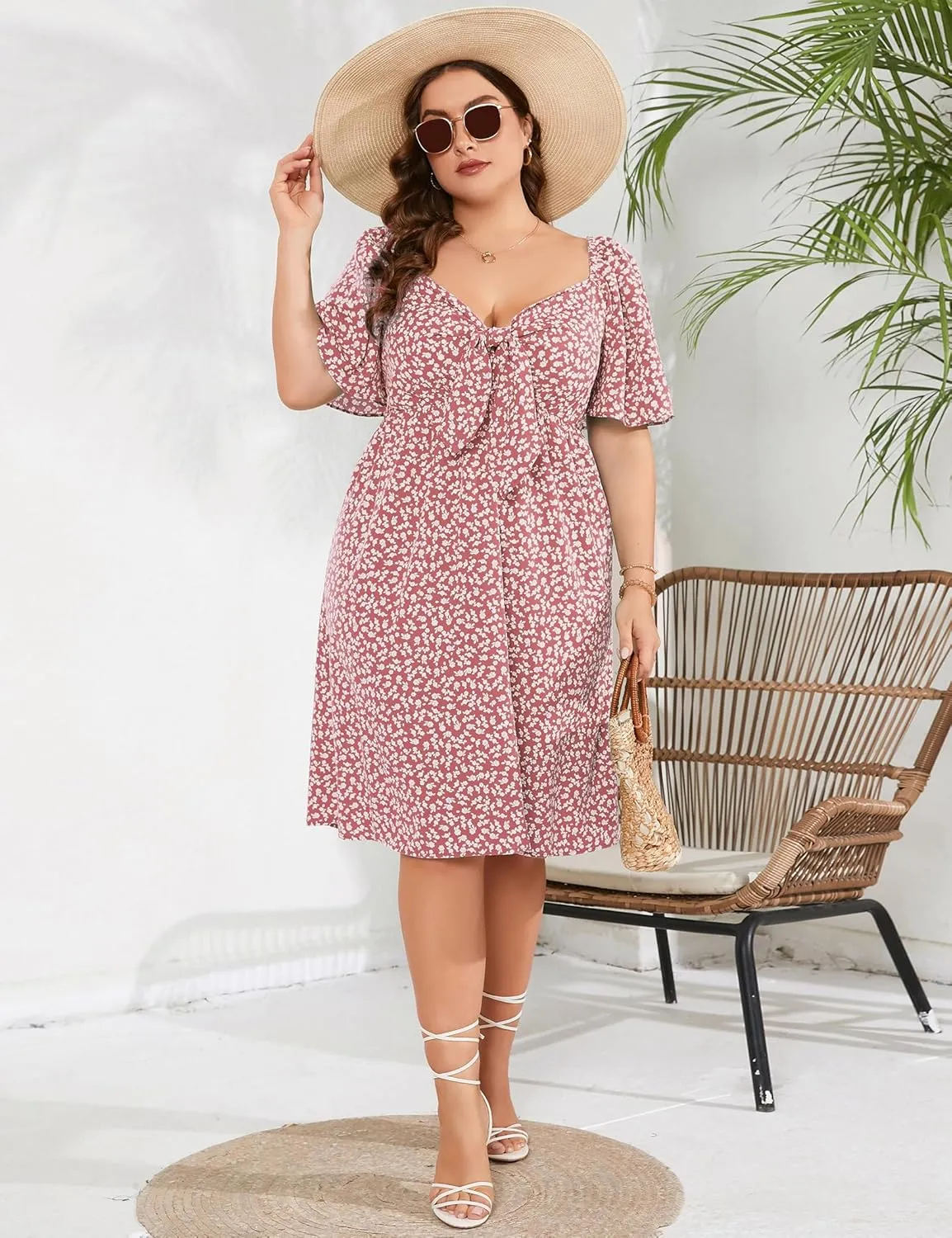 Plus Size Dress Women's V Neck Front Knotted Wrap A-Line Dress Plus Size Knee Length Midi Swing Dress for Curvy Women