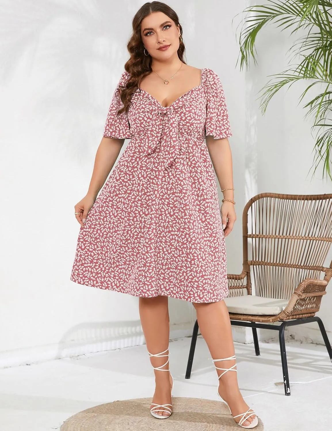 Plus Size Dress Women's V Neck Front Knotted Wrap A-Line Dress Plus Size Knee Length Midi Swing Dress for Curvy Women