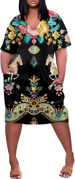 Plus Size Dresses for Curvy Women 2024 Summer Casual Short Sleeve Tshirt Midi Dress with Pockets Beach Vacation Dress