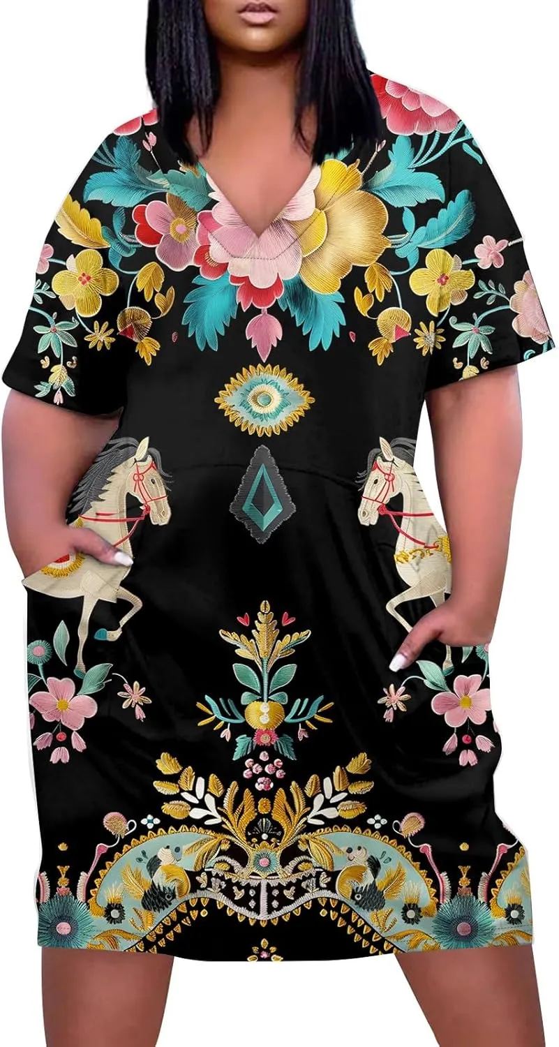 Plus Size Dresses for Curvy Women 2024 Summer Casual Short Sleeve Tshirt Midi Dress with Pockets Beach Vacation Dress