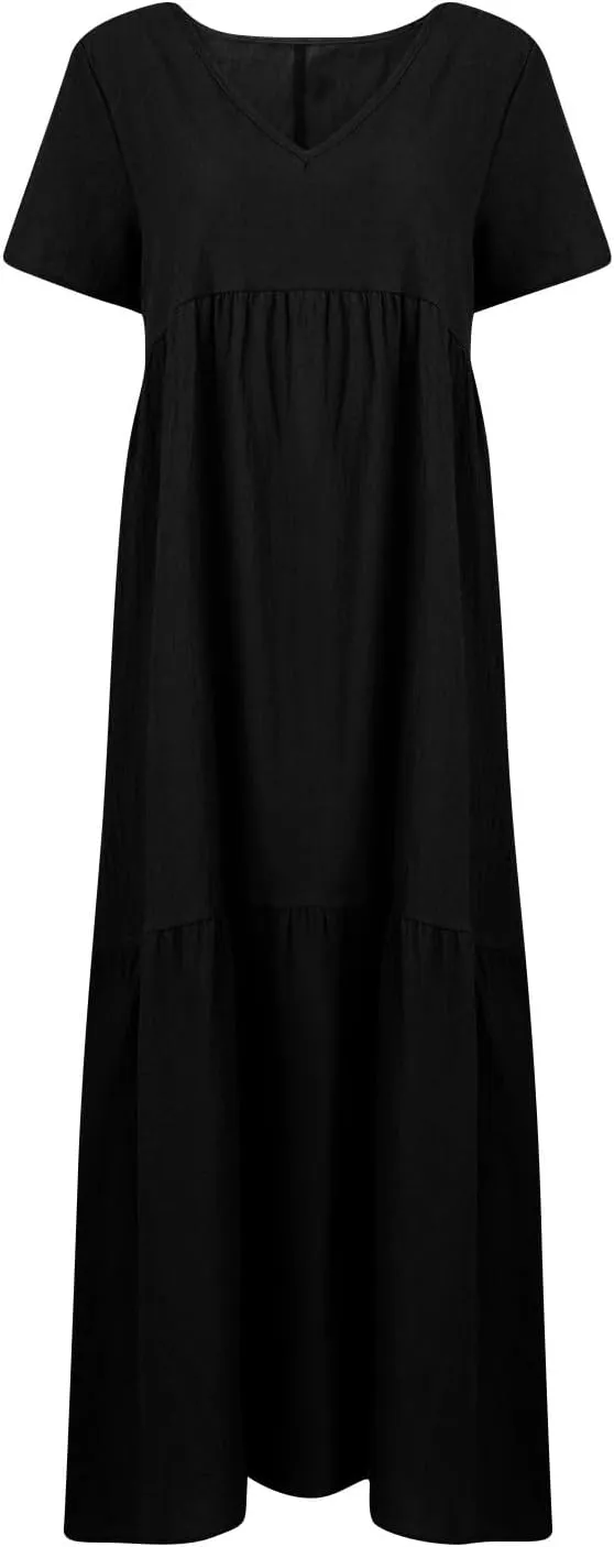 Plus Size Dresses for Curvy Women 2025 Summer Plus Size Linen Dress Casual Short Sleeve T-Shirt Dress with Pockets