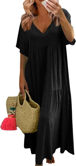 Plus Size Dresses for Curvy Women 2025 Summer Plus Size Linen Dress Casual Short Sleeve T-Shirt Dress with Pockets