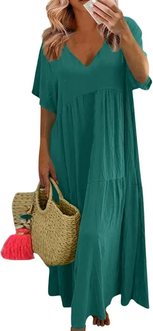 Plus Size Dresses for Curvy Women 2025 Summer Plus Size Linen Dress Casual Short Sleeve T-Shirt Dress with Pockets