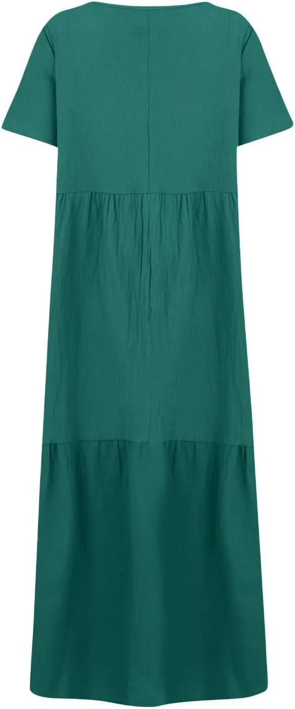 Plus Size Dresses for Curvy Women 2025 Summer Plus Size Linen Dress Casual Short Sleeve T-Shirt Dress with Pockets