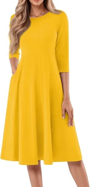 Plus Size Dresses for Curvy Women Casual Loose Trendy Crew Neck 3/4 Sleeve Solid Midi Dress Plus Size, S-3XL