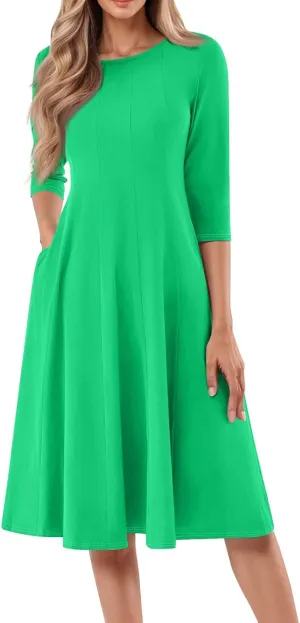 Plus Size Dresses for Curvy Women Casual Loose Trendy Crew Neck 3/4 Sleeve Solid Midi Dress Plus Size, S-3XL