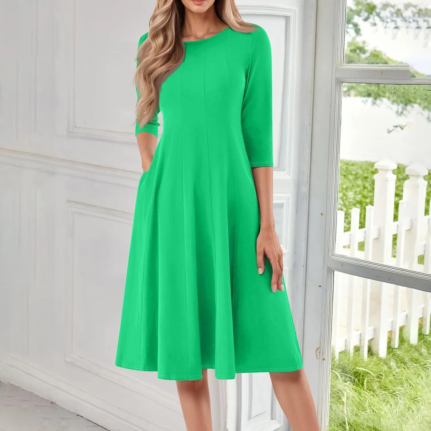 Plus Size Dresses for Curvy Women Casual Loose Trendy Crew Neck 3/4 Sleeve Solid Midi Dress Plus Size, S-3XL