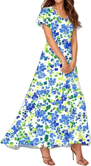Plus Size Dresses for Curvy Women Casual Loose Trendy Short Sleeve V-Neck Floral Printed Sun Maxi Dress, XS-2XL