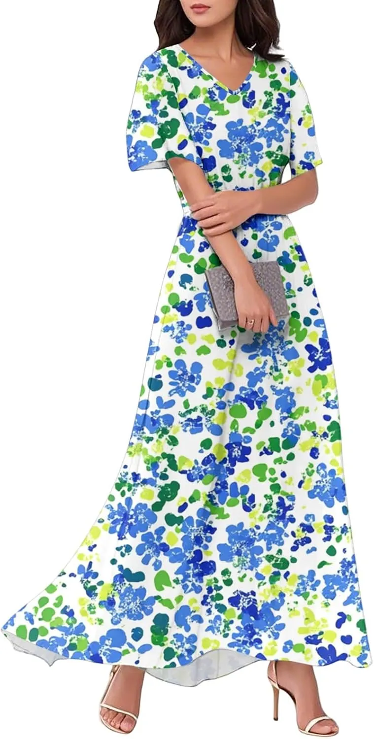 Plus Size Dresses for Curvy Women Casual Loose Trendy Short Sleeve V-Neck Floral Printed Sun Maxi Dress, XS-2XL