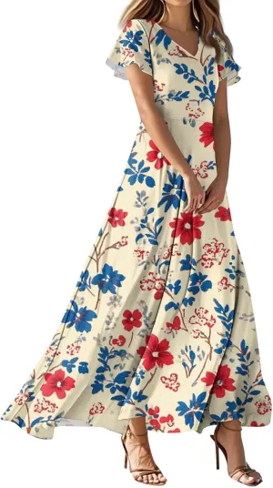 Plus Size Dresses for Curvy Women Casual Loose Trendy Short Sleeve V-Neck Floral Printed Sun Maxi Dress, XS-2XL