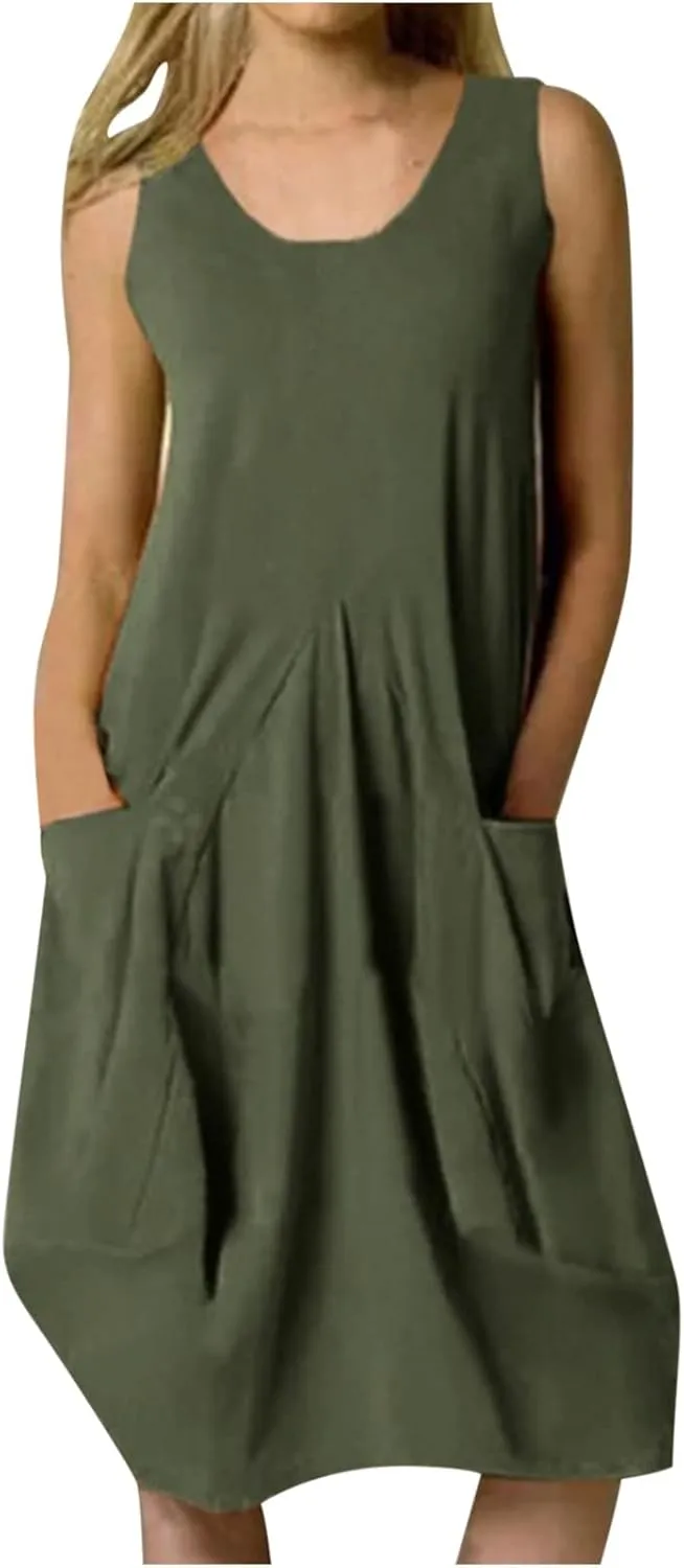 Plus Size Dresses for Curvy Women Cotton Linen Casual Loose Shift Tunic Smock Summer Sundress Plain Simple Tank Dress