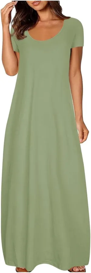 Plus Size Dresses for Curvy Women Loose Fit Round Neck Summer Beach Dresses Casual Flowy Maxi Tshirt Sundresses
