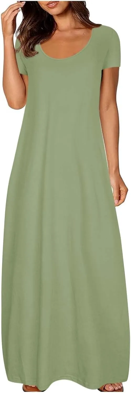 Plus Size Dresses for Curvy Women Loose Fit Round Neck Summer Beach Dresses Casual Flowy Maxi Tshirt Sundresses