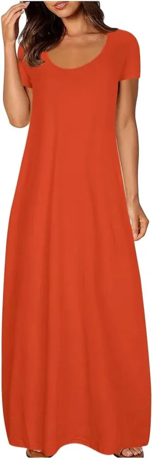 Plus Size Dresses for Curvy Women Loose Fit Round Neck Summer Beach Dresses Casual Flowy Maxi Tshirt Sundresses
