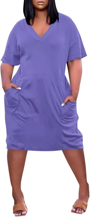 Plus Size Dresses for Curvy Women Oversize T Shirt Midi Dress Loose Short Sleeve V Neck Dress