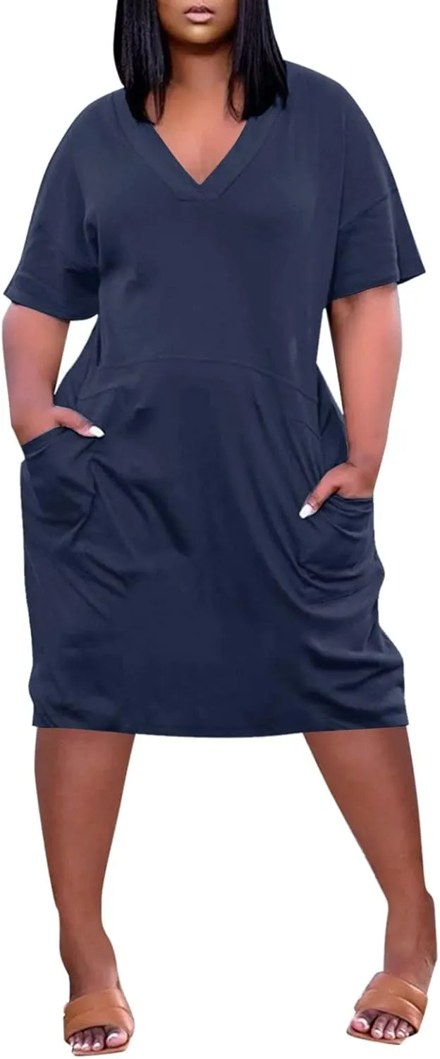 Plus Size Dresses for Curvy Women Oversize T Shirt Midi Dress Loose Short Sleeve V Neck Dress